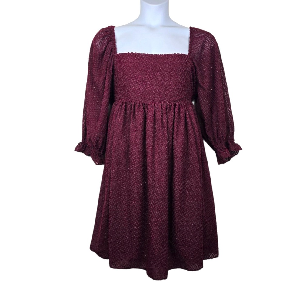 Sweet Lemon Womens Puff Sleeve Burgundy Metallic Textured Babydoll Dress Size 2X